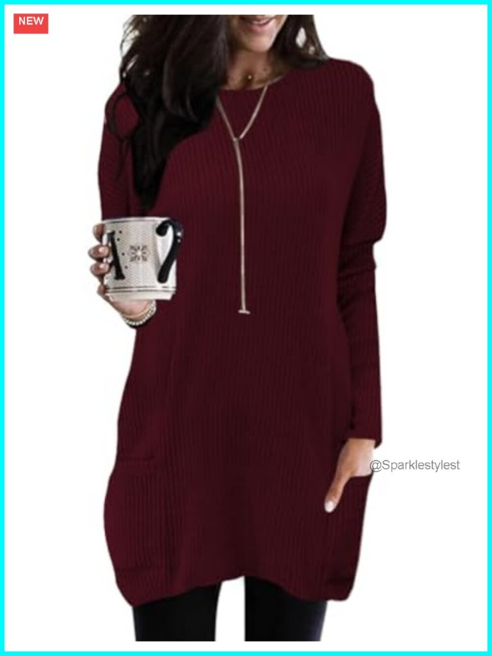 Ribbed Tunic Sweater Crewneck Long Sleeve Loose Fit Pullover with Pockets